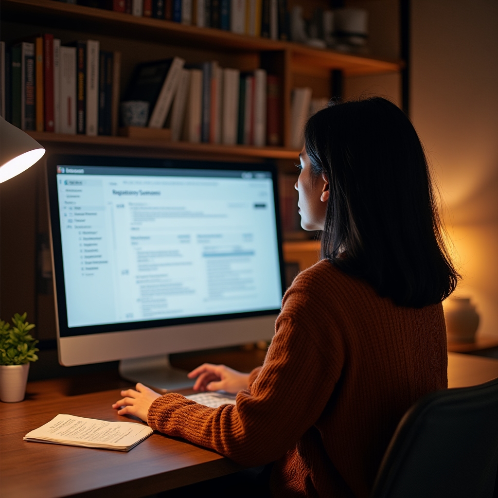 Person reading educational content on a laptop in a professional setting